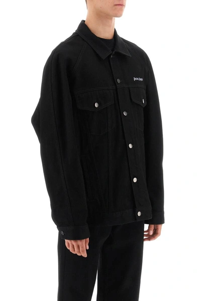 Shop Palm Angels Denim Jacket With Logo Embroidery In Black