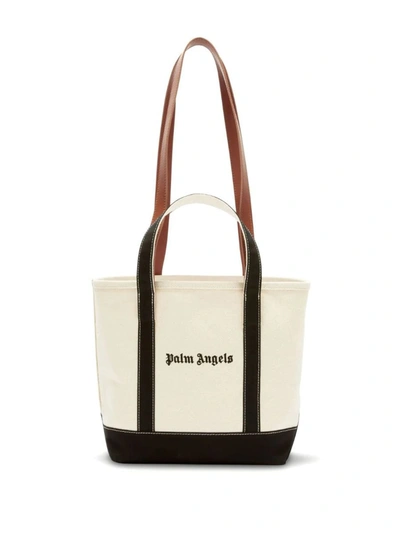 Shop Palm Angels Logo-print Canvas Tote Bag In Off White Black