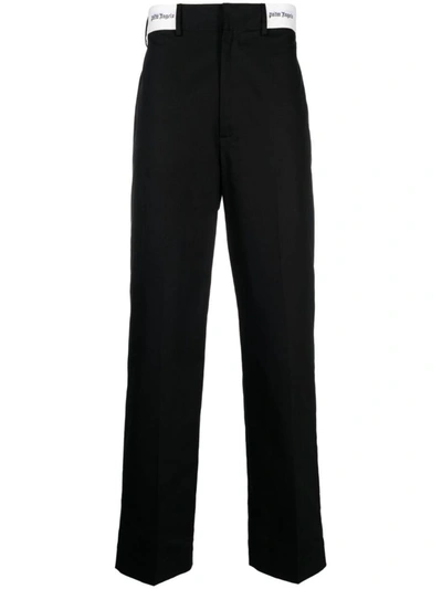 Shop Palm Angels Logo-waistband Chino Trousers In Black/off White