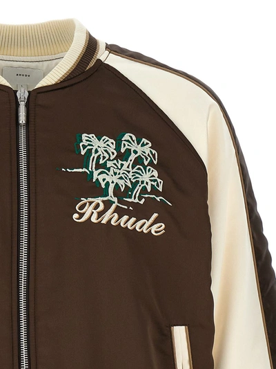 Shop Rhude 'crepe Satin Souvenir' Bomber Jacket In Brown