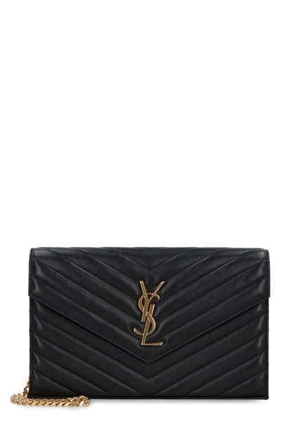 Shop Saint Laurent Cassandra Leather Wallet On Chain In Black