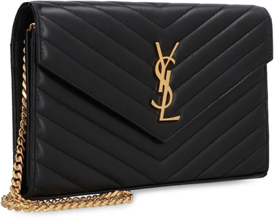 Shop Saint Laurent Cassandra Leather Wallet On Chain In Black