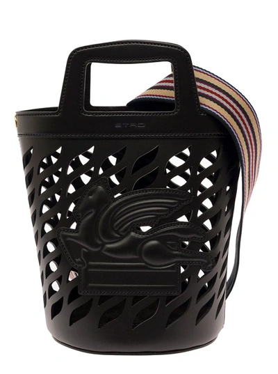Shop Etro Black Bucket Bag With Multicolor Shoulder Strap And Pegasus Detail In Perforated Leather Woman