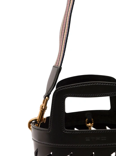 Shop Etro Black Bucket Bag With Multicolor Shoulder Strap And Pegasus Detail In Perforated Leather Woman