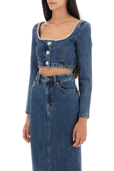 Shop Self-portrait Self Portrait Cropped Top In Denim With Crystals In Blue