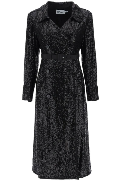 Shop Self-portrait Self Portrait Sequined Double-breasted Dust Coat In Black
