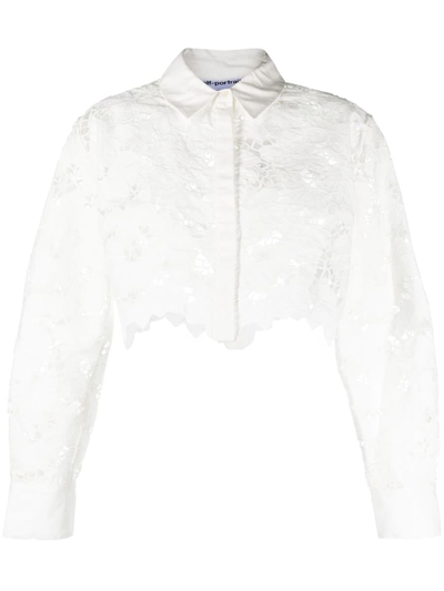 Shop Self-portrait Floral Lace Crop Shirt In White