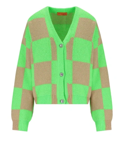 Shop Stine Goya Amara Green And Beige Checkered Cardigan