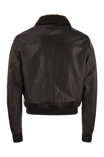 Shop Tagliatore Lambskin Bomber Jacket In Dark Brown