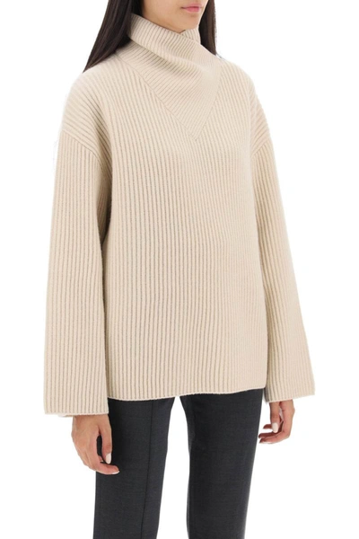 Shop Totême Toteme Sweater With Wrapped Funnel Neck In Beige