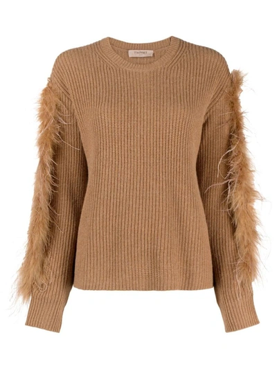 Shop Twinset Feather-trim Ribbed-knit In Brown
