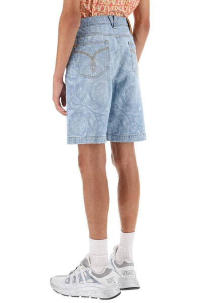 Shop Versace Allover  Denim Shorts In Blue