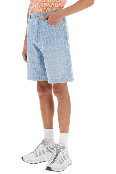 Shop Versace Allover  Denim Shorts In Blue