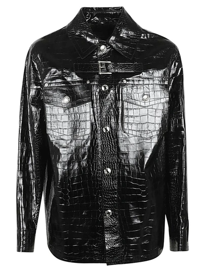 Shop Versace Crocodile Embossed Leather Jacket In Black
