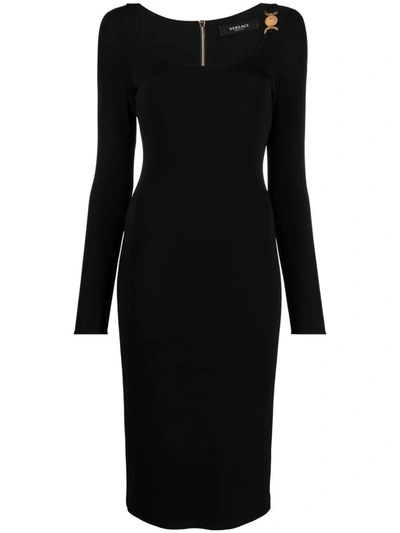 Shop Versace Midi Pencil Jersey Dress In Black