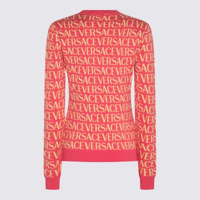 Shop Versace Pink, White And Yellow Cotton Blend Jumper In Fuxia/pink