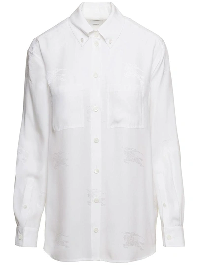 Shop Burberry White Oversized Shirt With All-over Embroidery Print In 'mulberry' Silk Woman