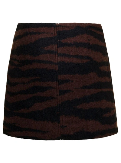 Shop Ganni Brown And Black Mini-skirt With Zip And Zebra Print In Wool Woman