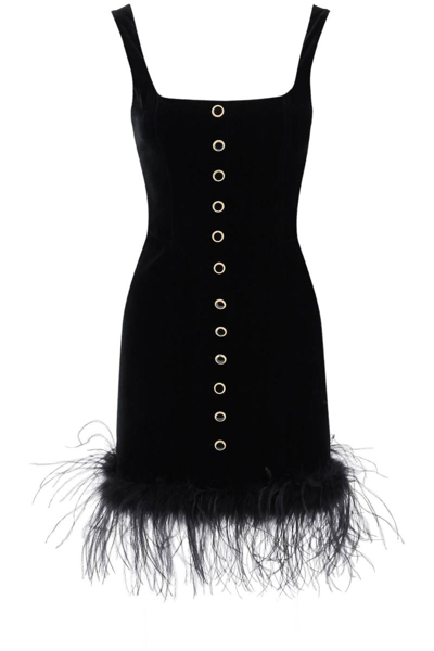 Shop Alessandra Rich Velvet Mini Dress With Ostrich Feathers In Black