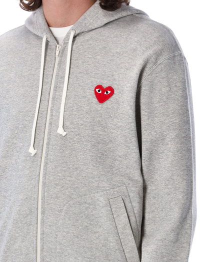 Shop Comme Des Garçons Play Red Heart Zipped Hoodie In Grey Melange