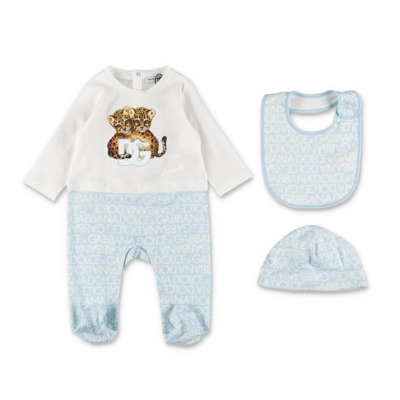 Shop Dolce & Gabbana Set Con Tutina Bavetta E Cappello In Cotone Baby Boy In Celeste