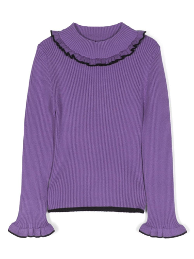 Shop Msgm Ribbed Knit Sweater With Ruffles In Lilla