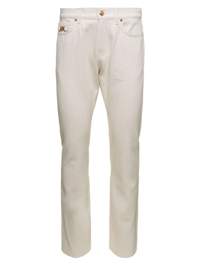 Shop Versace White Relaxed Jeans With Medusa Detail In Cotton Denim Man In Beige