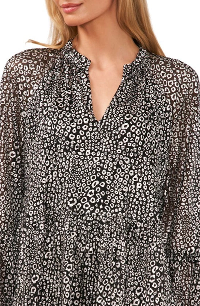 Cece Metallic Abstract Print Long Sleeve Babydoll Dress In Rich Black