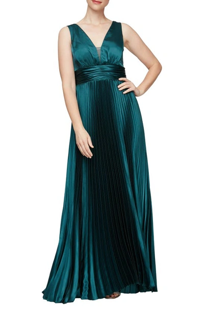 Shop Alex & Eve Pleated Satin Gown In Emerald Green
