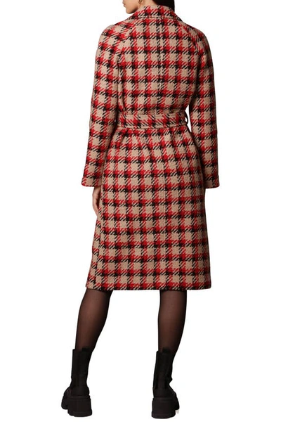 Shop Avec Les Filles Belted Plaid Double Breasted Longline Coat In Camel/ Black/ Red Plaid
