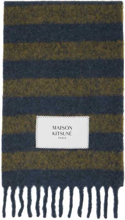 Shop Maison Kitsuné Khaki & Navy Striped Scarf In S482 Ink Blue/khaki