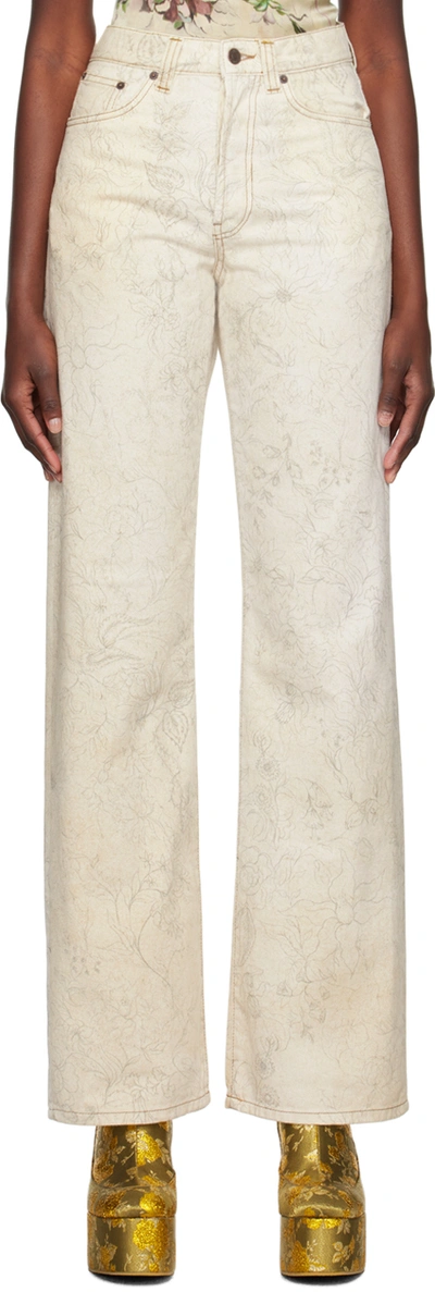 Shop Dries Van Noten Off-white Printed Jeans In 5 Ecru