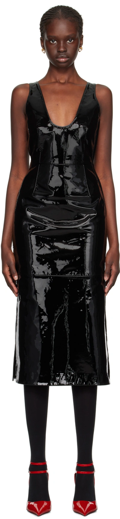 Shop Ferragamo Black Scoop Neck Leather Midi Dress In 001 Nero