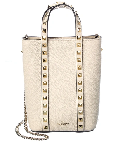 Shop Valentino Rockstud Grainy Leather Tote In White