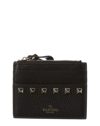 Shop Valentino Rockstud Grainy Leather Card Holder In Black