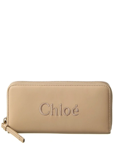 Shop Chloé Sense Leather Zip Around Wallet In Beige