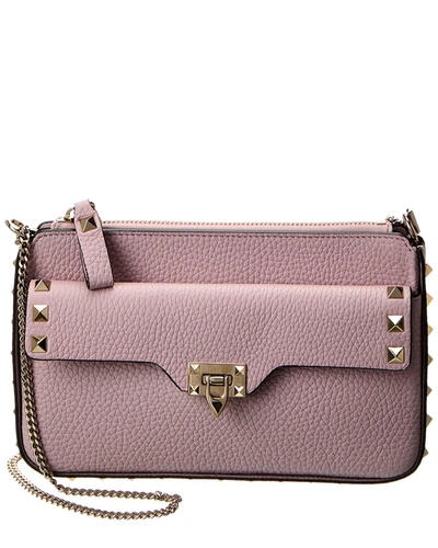 Shop Valentino Rockstud Grainy Leather Wallet On Chain In Purple
