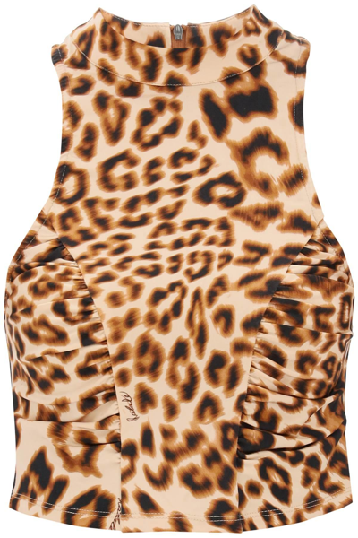 Shop Rotate Birger Christensen Leopard Print Jersey Crop Top In Beige