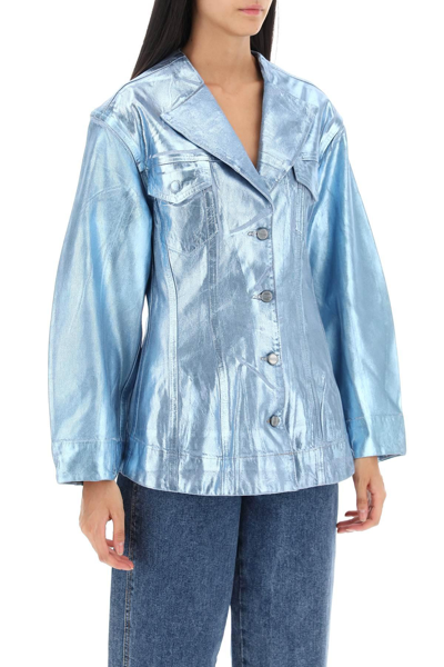 Shop Ganni Foil Denim Jacket In Light Blue,metallic