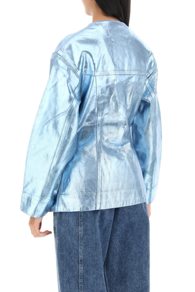 Shop Ganni Foil Denim Jacket In Light Blue,metallic