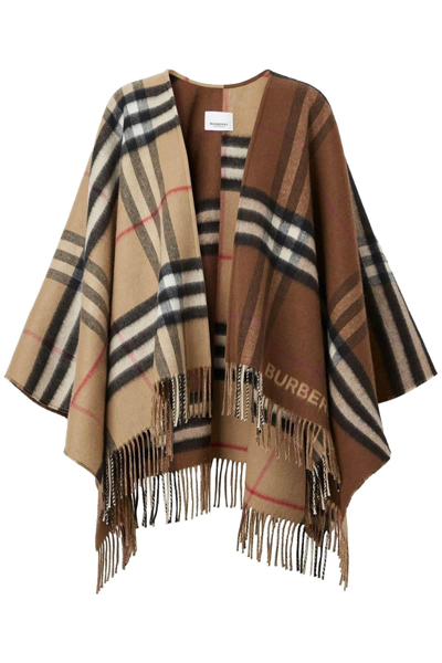 Shop Burberry Check Wool And Cashmere Cape In Beige,brown