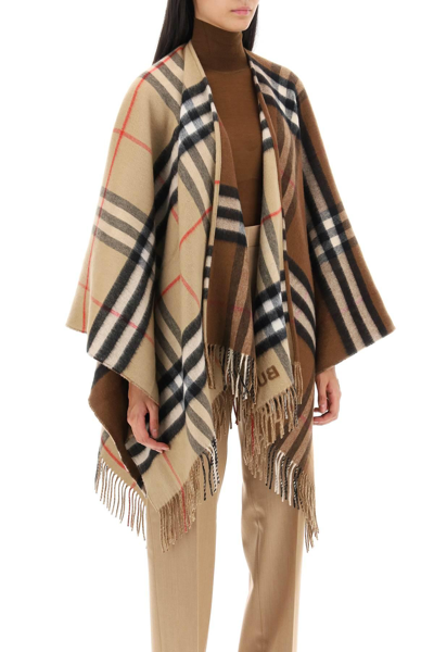 Shop Burberry Check Wool And Cashmere Cape In Beige,brown