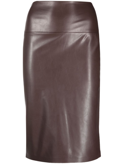 Shop Norma Kamali Faux Leather Midi Pencil Skirt In Brown