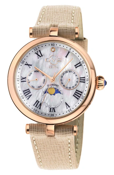 Shop Gv2 Florence Mother Of Pearl Dial Diamond Leather Strap Watch, 36mm In Beige