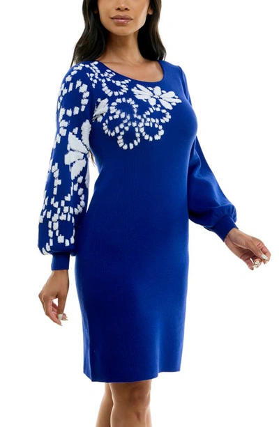 Shop Nina Leonard Floral Long Sleeve Sweater Dress In Deep Sapphire