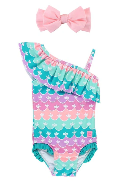 Rufflebutts Mermaid One-shoulder One-piece Swimsuit & Headband Set In Blue