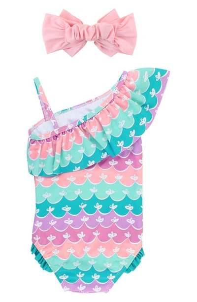 Rufflebutts Mermaid One-shoulder One-piece Swimsuit & Headband Set In Blue