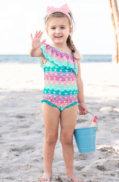 Rufflebutts Mermaid One-shoulder One-piece Swimsuit & Headband Set In Blue