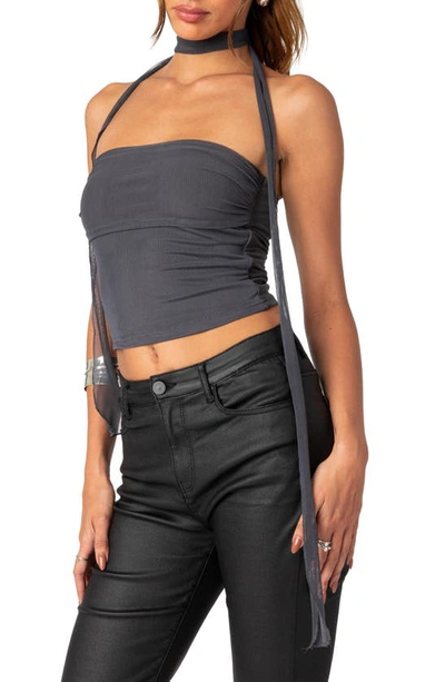 Edikted Women's Gathered Two Piece Mesh Scarf Top In Dark-gray