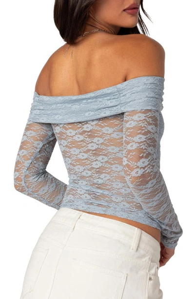 Edikted Elysia Foldover Lace Off The Shoulder Crop Top In Light-blue